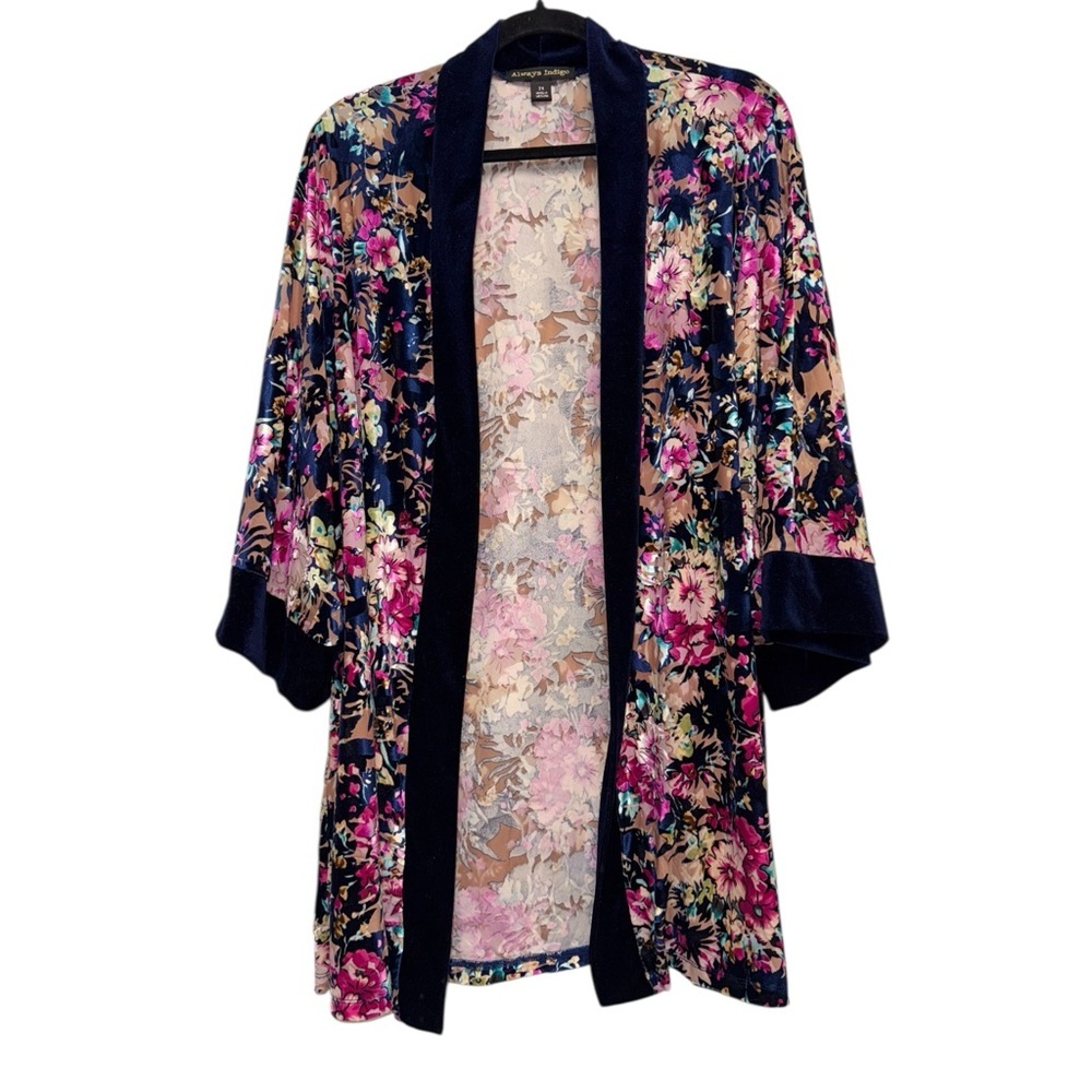 Floral Velvet Burnout Shiny Colorful Boho Kimono Cardigan Duster